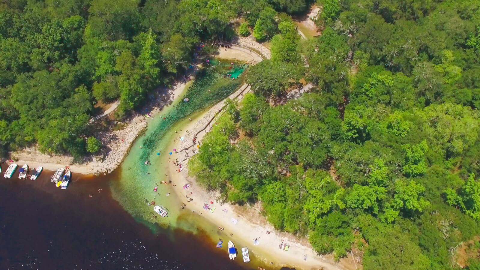 aerial view of boaters and swimmers in the Suwannee River