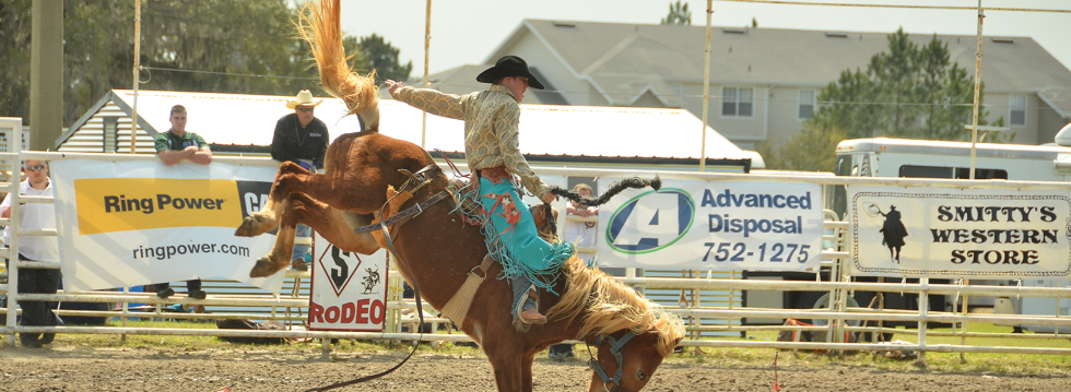 Cowboy riding horse in the rodeo arena