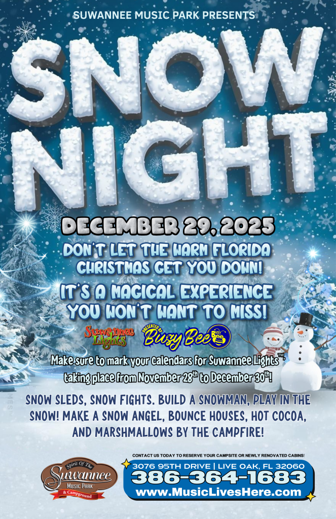 A festive winter event poster featuring snow activities and holiday lights in Suwannee County, Florida.