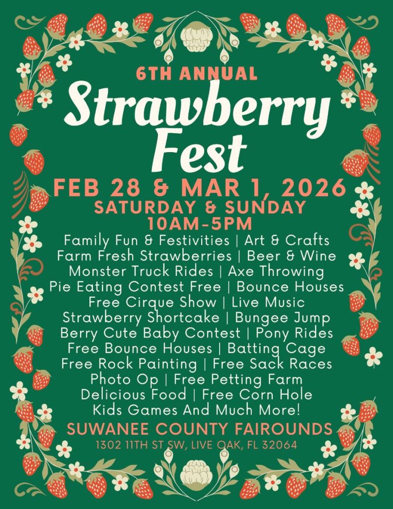 Vibrant poster for the 6th Annual Strawberry Fest with dates, times, and activities listed in Suwannee County, Florida.