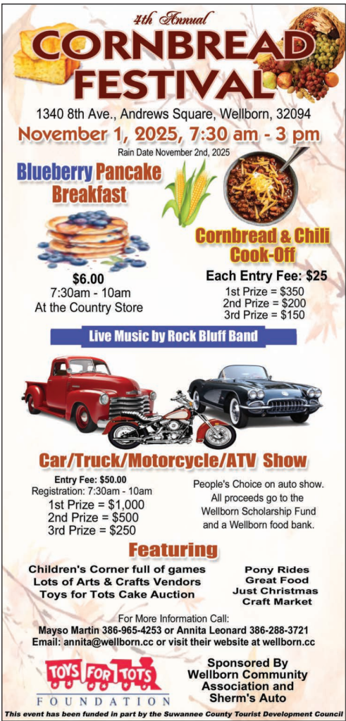 A colorful flyer advertising the 4th Annual Cornbread Festival with food, music, and car show events in Suwannee County, Florida.