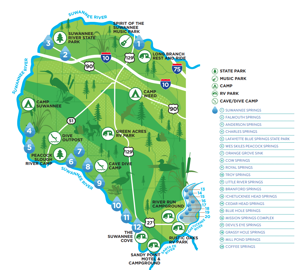 Map of top campgrounds in Suwannee County