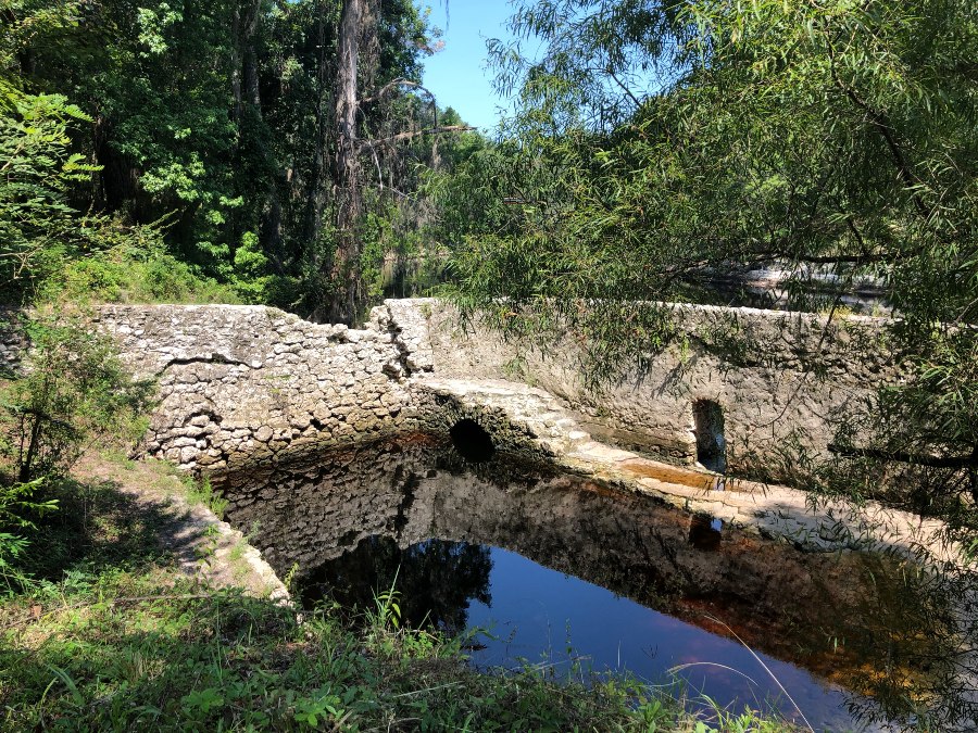 Green trees surround a still spring at Suwannee Spring, a historic sulfur spring in Live Oak, FL. 