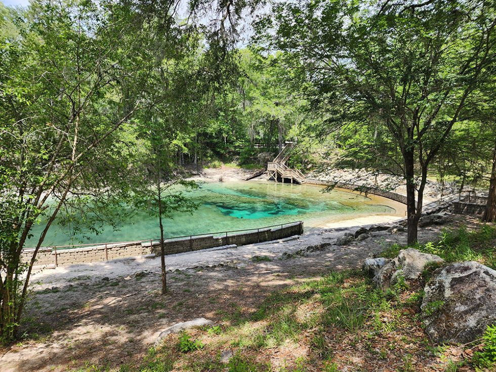 A view of Little River Springs in Suwannee County, Florida shows the shallow entrance and walkway around the spring.