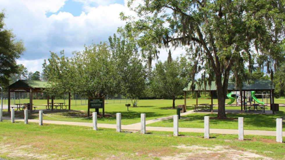 Tall trees and green grass surround play equipment and a ramada in a Wellborn park in Suwannee County, Florida.