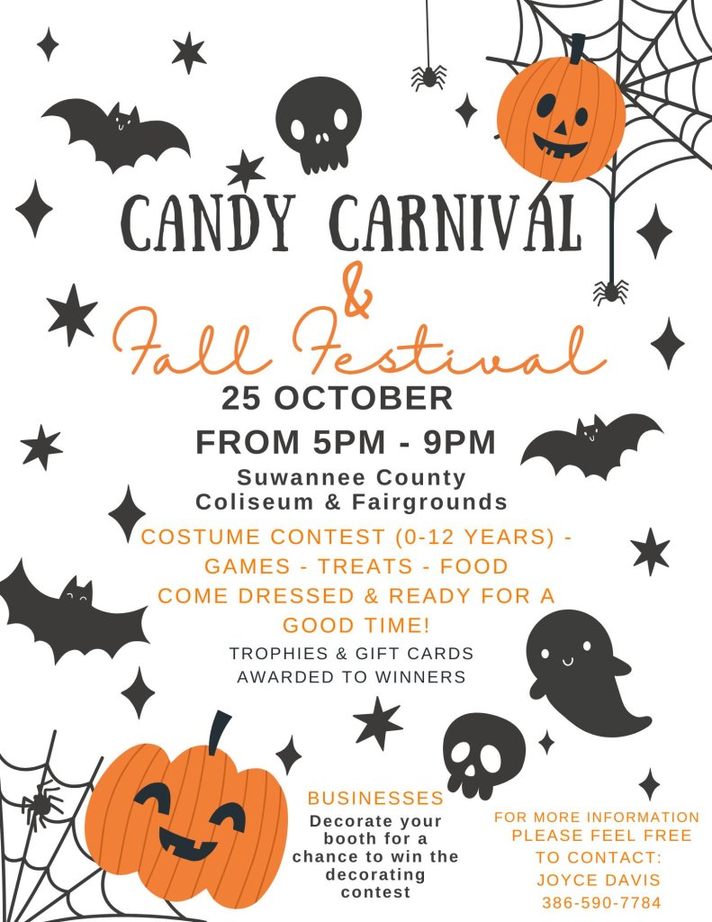 A Halloween-themed flyer advertising a candy carnival and fall festival with costume contests and games in Suwannee County, Florida.