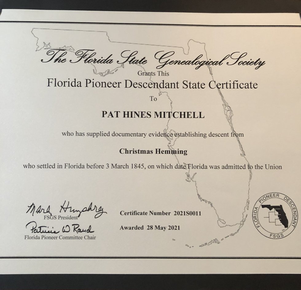 A certificate from the Florida State Genealogical Society recognizing Pat Hines Mitchell's descent from a Florida pioneer in Suwannee County, Florida.