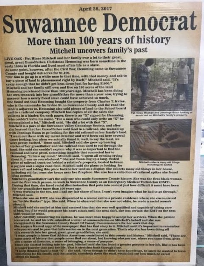 Newspaper article about a descendant uncovering her family's history of slavery and land ownership in Suwannee County, Florida.