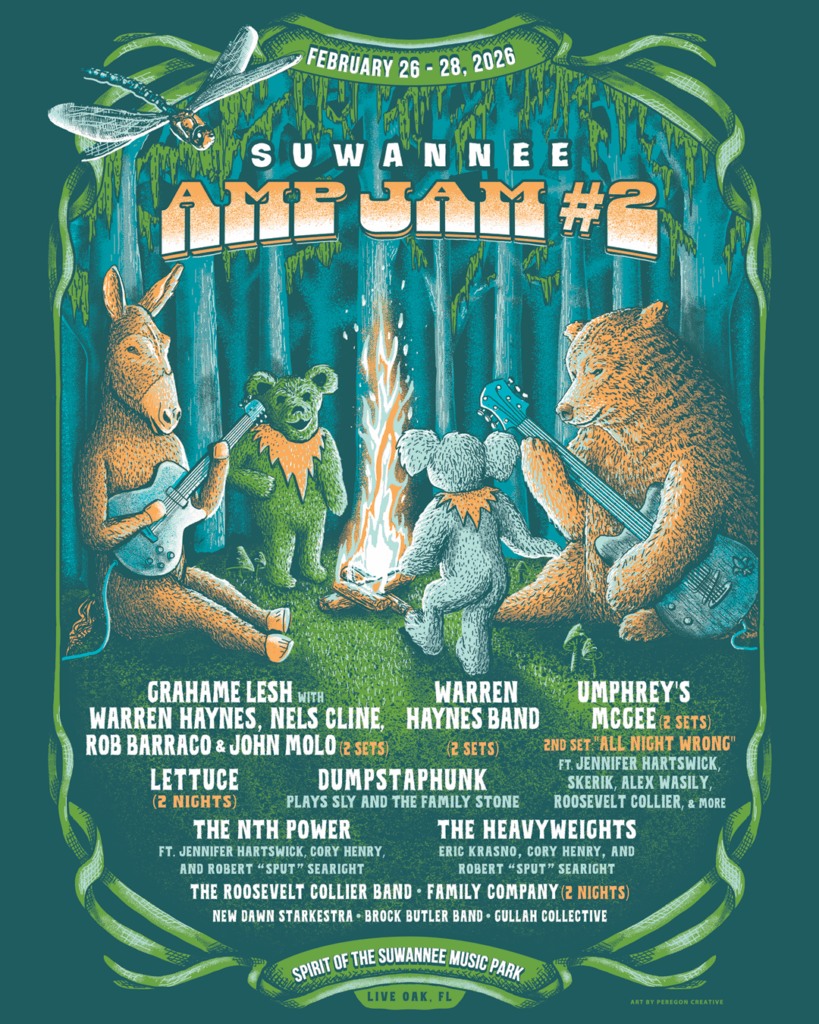 A whimsical poster for the Suwannee AMP JAM #2 music festival featuring anthropomorphic animals playing instruments around a campfire in Suwannee County, Florida.