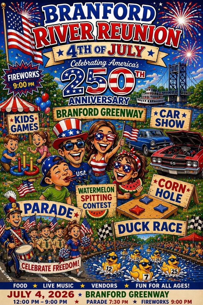Colorful poster advertising the Branford River Reunion on the 4th of July, featuring a parade, car show, fireworks, and family-friendly activities in Suwannee County, Florida.
