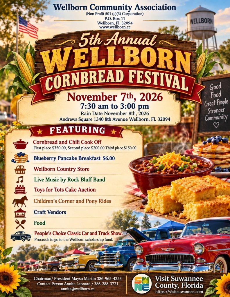 Colorful poster advertising the 5th Annual Wellborn Cornbread Festival with food, music, and classic cars in Suwannee County, Florida.