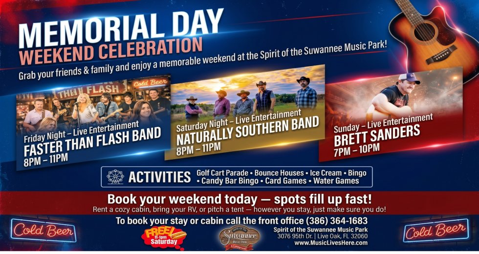 Memorial Day Weekend Celebration at Suwannee Music Park features live entertainment, activities, and camping options in Suwannee County, Florida.