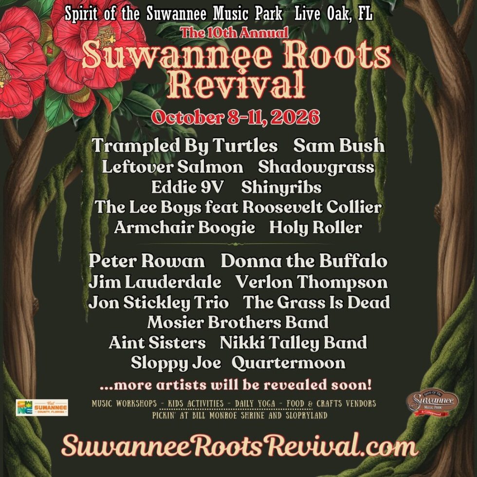 The 10th Annual Suwannee Roots Revival music festival poster featuring a vibrant tree with red flowers and green moss, listing various artists and activities from October 8-11, 2026 in Suwannee County, Florida.