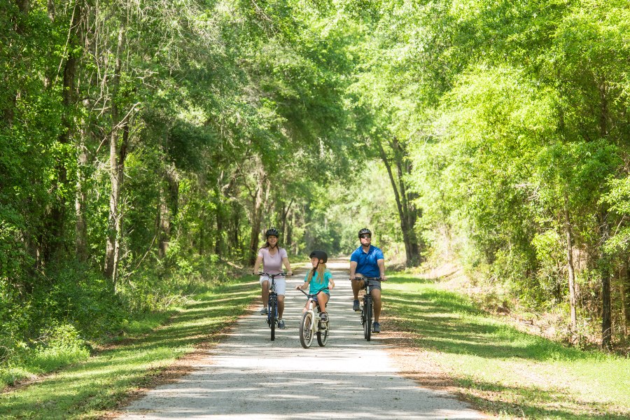 A family of three enjoys a leisurely bike ride together on a scenic, tree-lined path through a lush, green forest in Suwannee County, Florida.